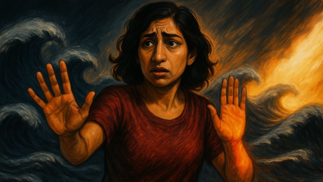 Woman pushing away swirling emotions illustrating fearful avoidant attachment style conflict.