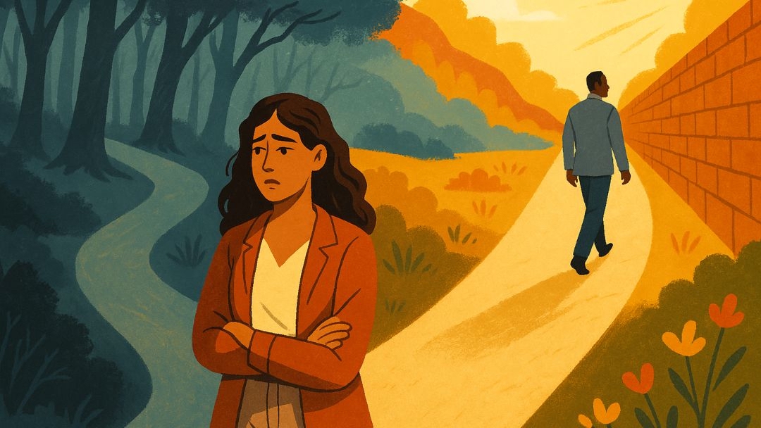 Two people on different paths showing fearful avoidant vs dismissive avoidant attachment similarities.