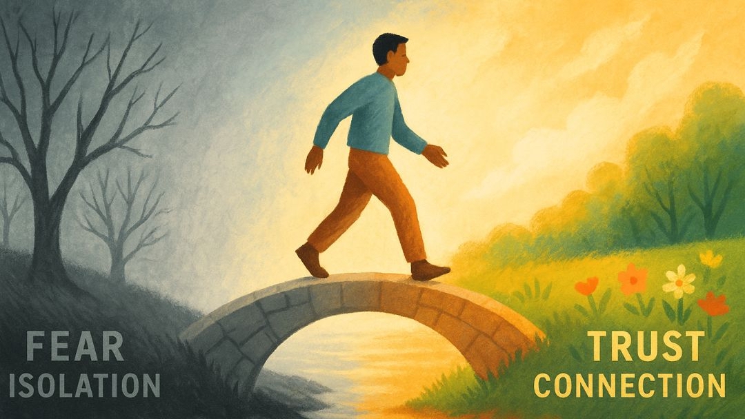 Person walking from fear isolation to trust connection showing dismissive avoidant transformation journey.