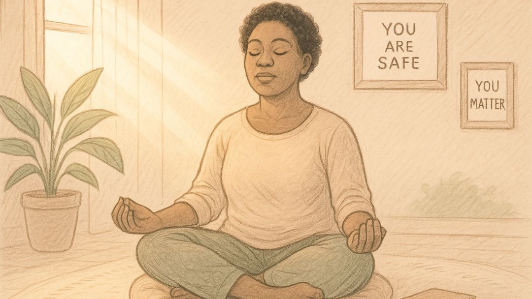 Woman meditating in safe space healing fearful avoidant or dismissive avoidant attachment patterns.