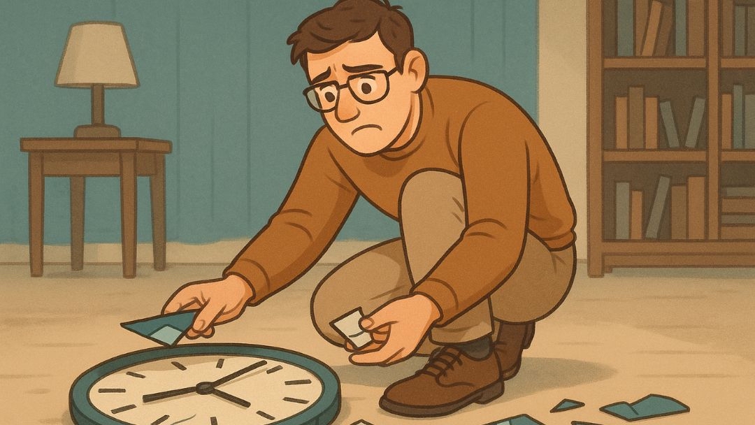 Man kneeling beside broken clock symbolizing fear holding you back from success.