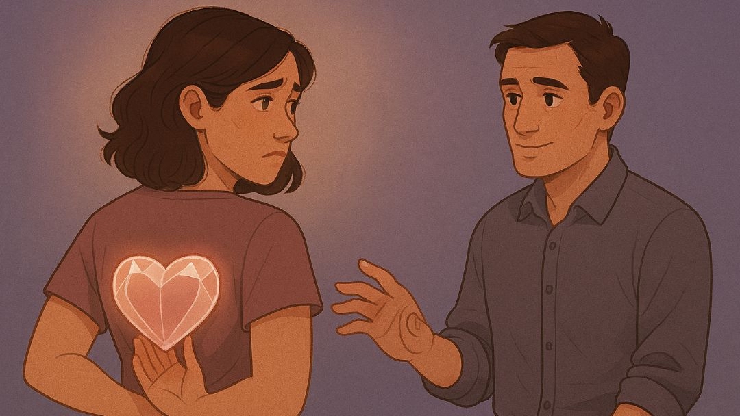 Woman protecting fragile heart while man reaches out showing fear of getting hurt.