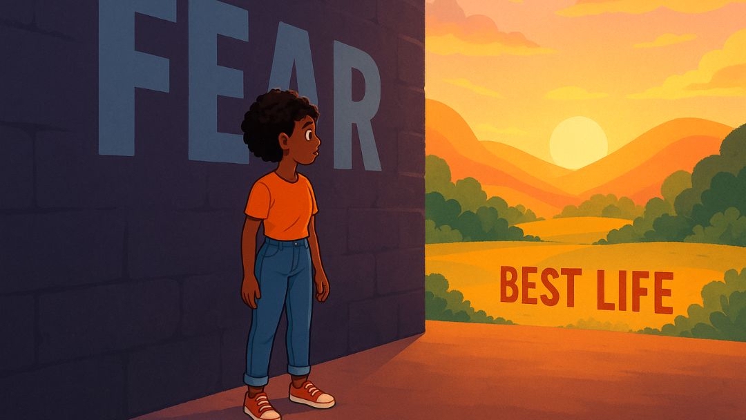 Person facing fears holding them back while looking toward their best life ahead.