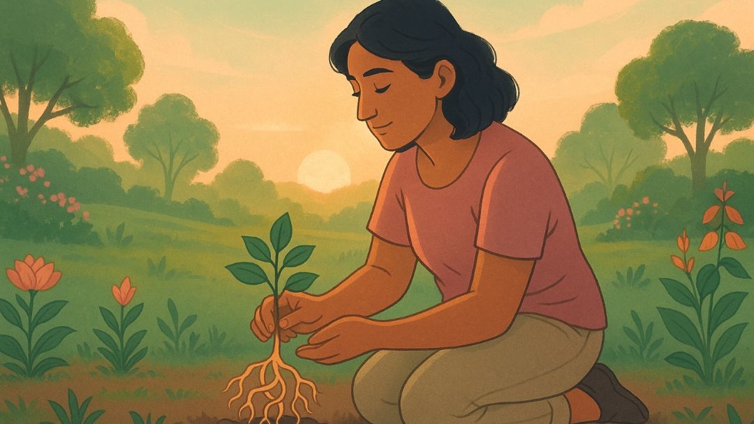 Woman planting seedling with visible roots symbolizing understanding fears holding you back through self-discovery.