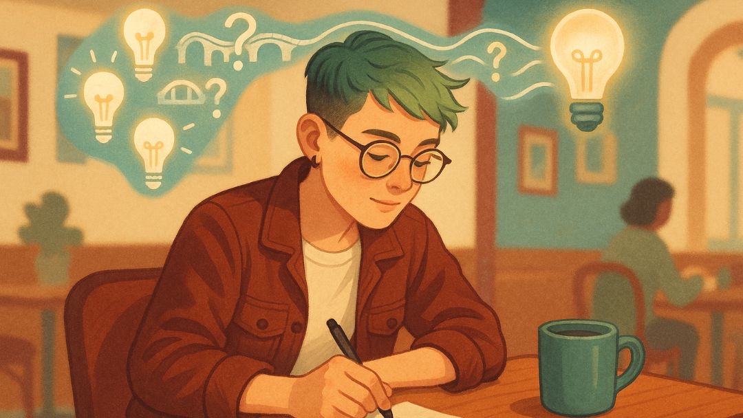 Person using fluid reasoning skills to solve problems with lightbulbs and question marks symbolizing ideas.