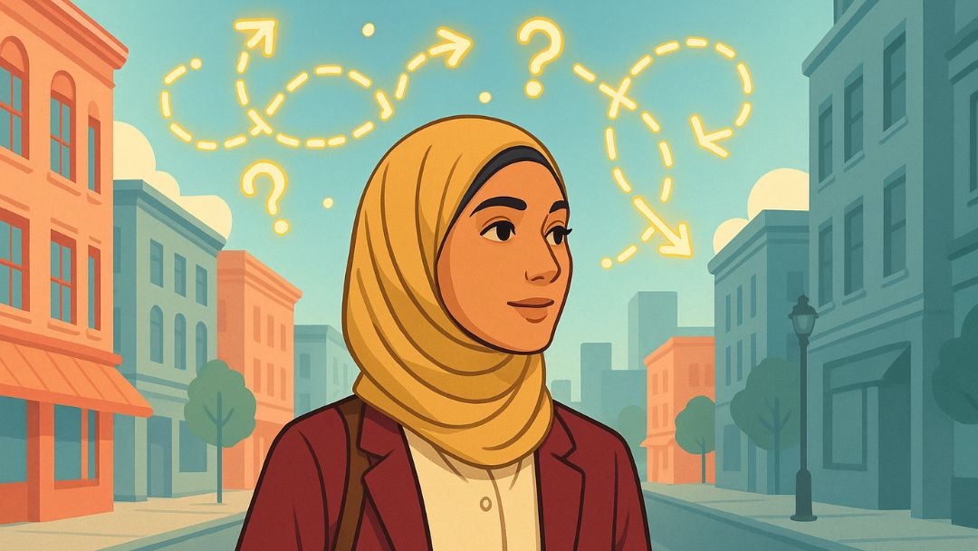 Woman using fluid reasoning to navigate daily decisions with arrows and question marks above.