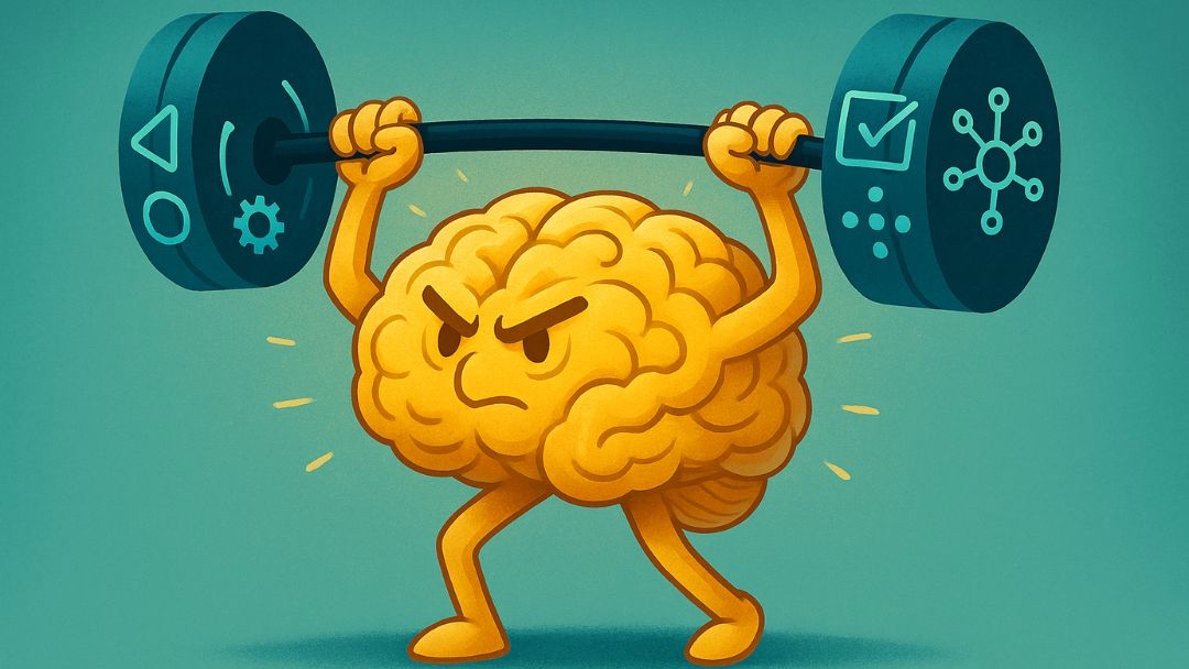 Brain lifting weights with cognitive symbols representing strengthening fluid reasoning abilities through practice.