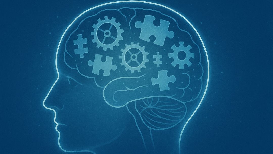 Brain illustration with gears and puzzle pieces representing fluid reasoning and cognitive processing.