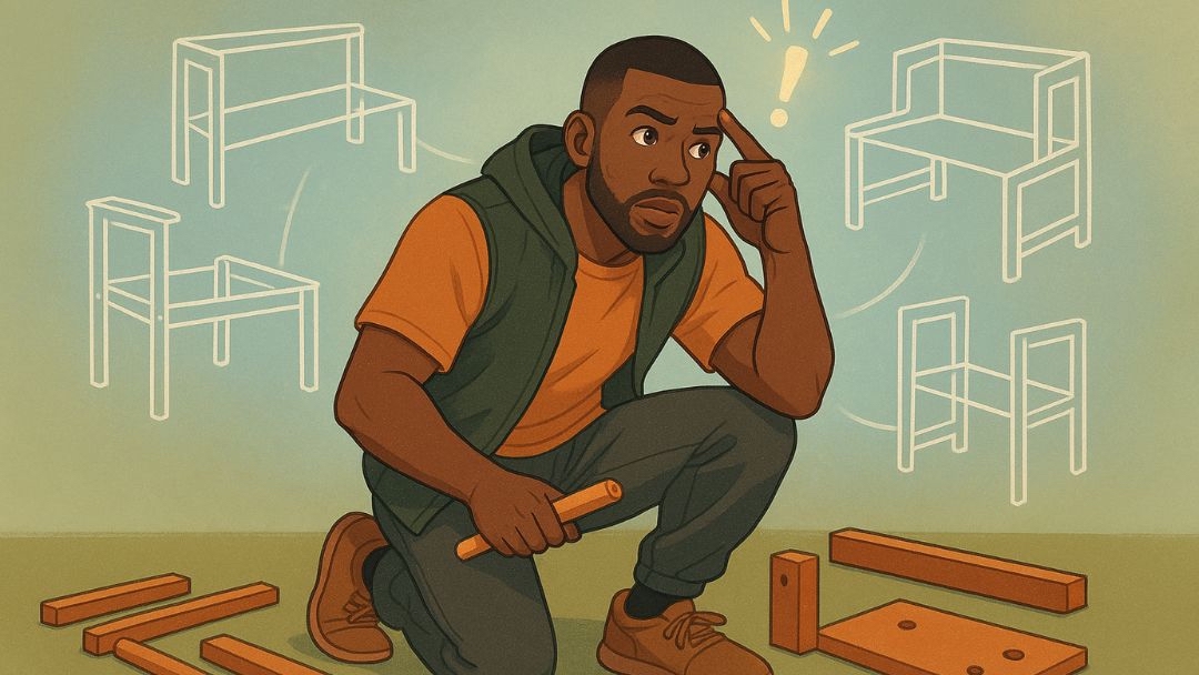 Person using fluid reasoning to solve furniture assembly problem with lightbulb idea moment.