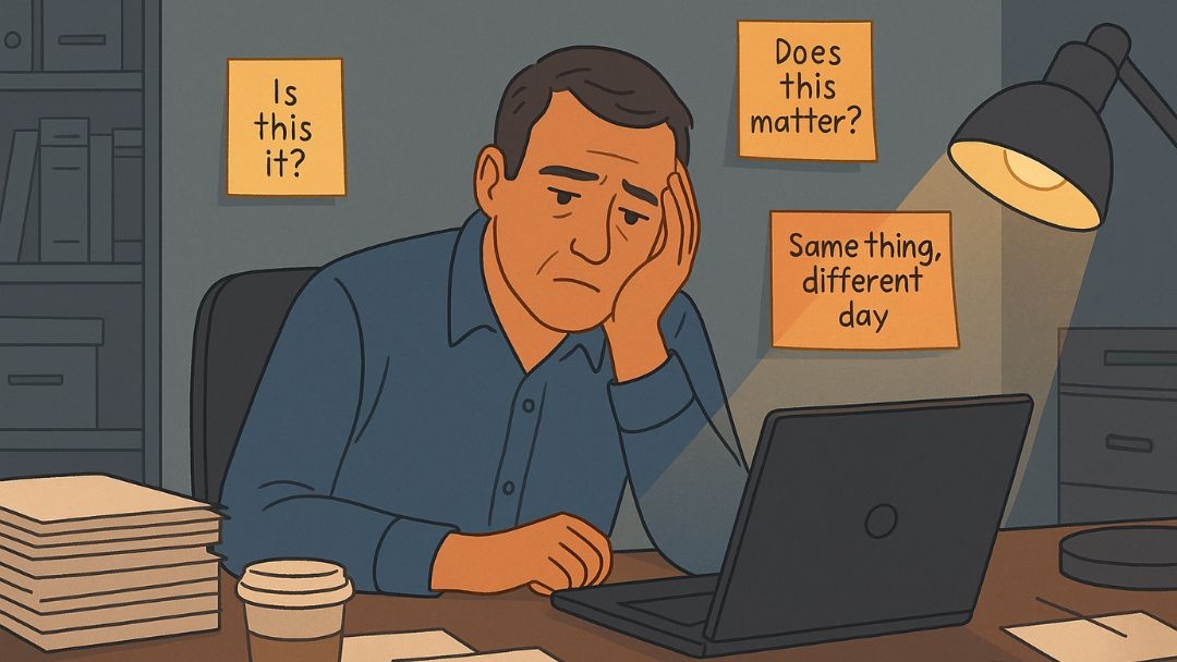 Middle-aged man experiencing stagnation at work with questioning sticky notes.