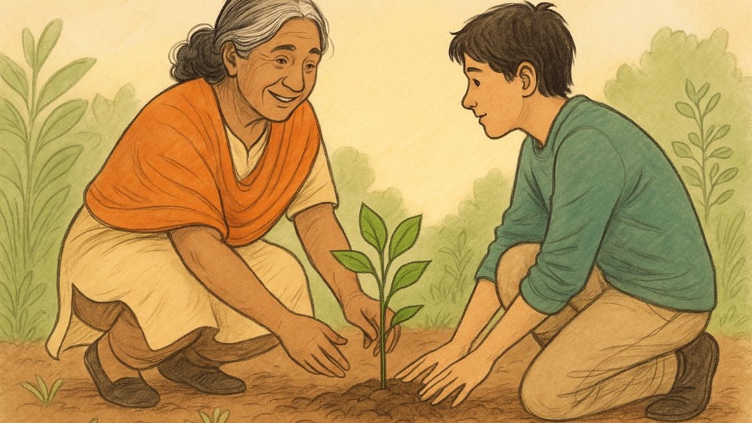 Grandmother and grandchild planting tree showing generativity in middle adulthood.