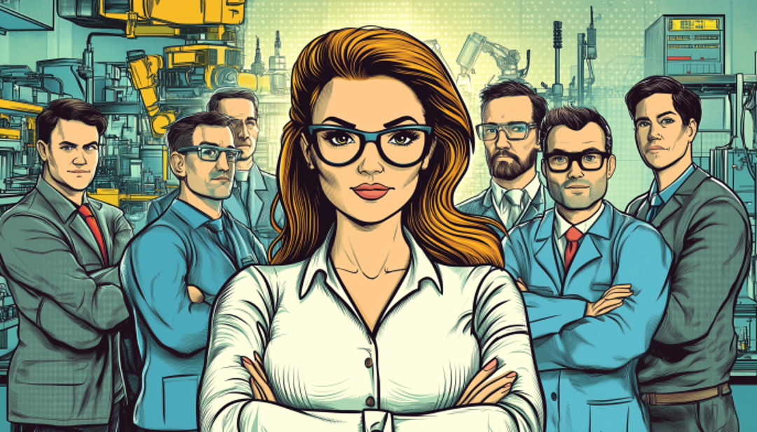 Female entrepreneur leading team in manufacturing setting highlighting good careers for women in business.