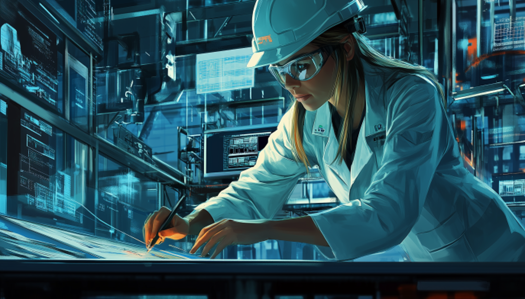 Female engineer working on technical designs showcasing good careers for women in engineering.