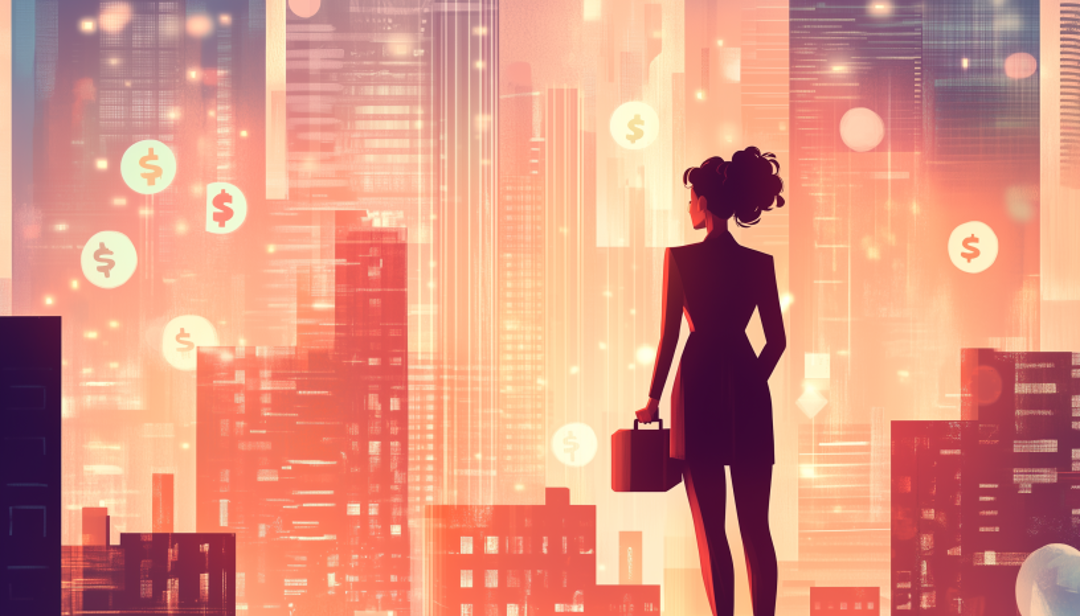 Professional woman with briefcase viewing city skyline representing good careers for women in high-paying industries.