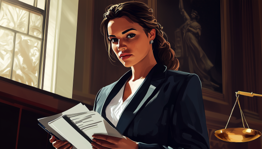 Female attorney in courtroom representing good careers for women in law profession.