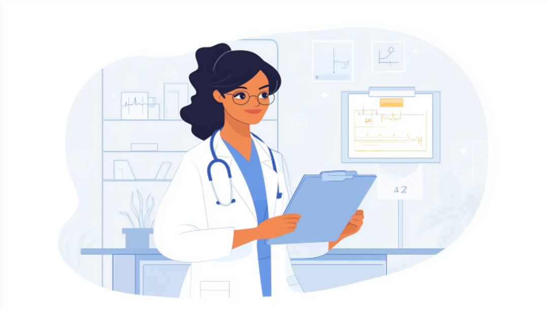 Female doctor with clipboard in medical office representing good careers for women in healthcare.