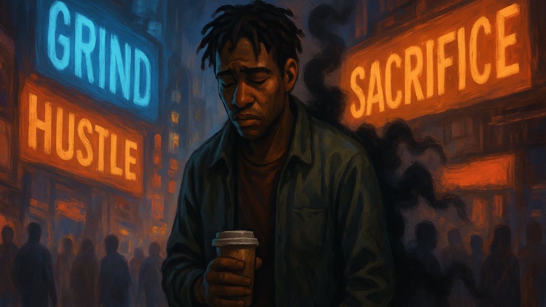 Exhausted person surrounded by grind hustle sacrifice signs illustrating toxic grindset culture.