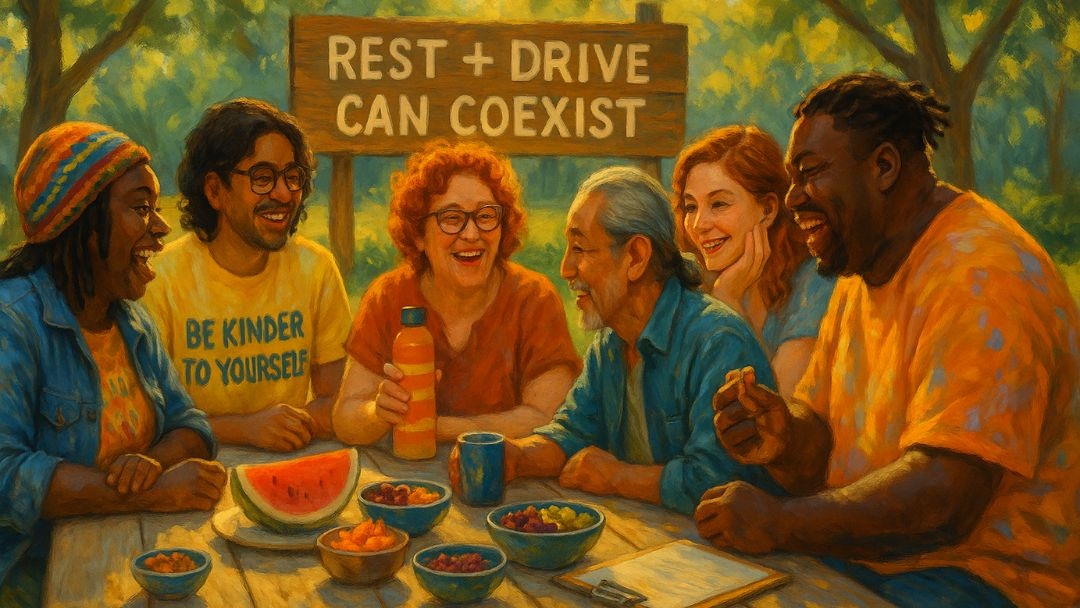 Group sharing healthy meal with rest and drive can coexist sign rejecting grindset mentality.