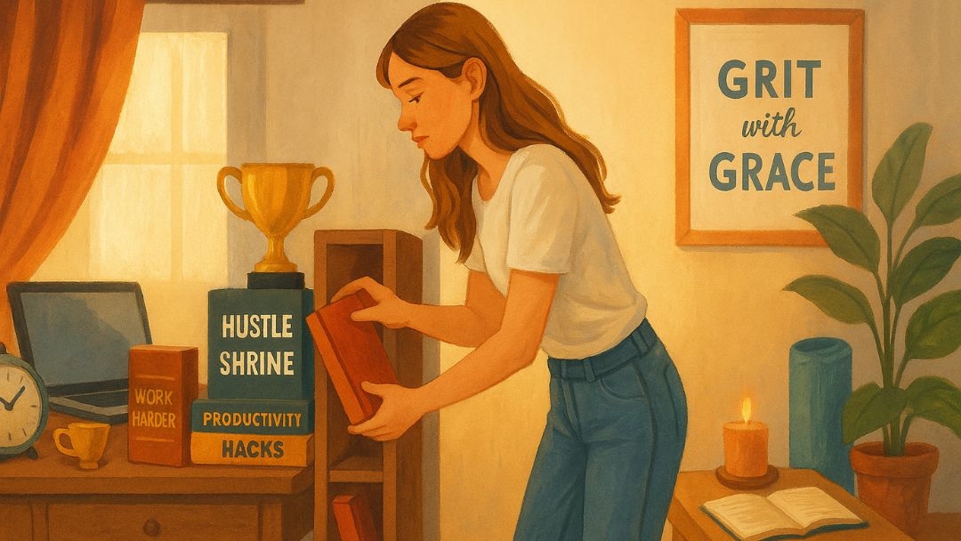 Woman organizing workspace moving away from grindset culture toward balanced productivity.