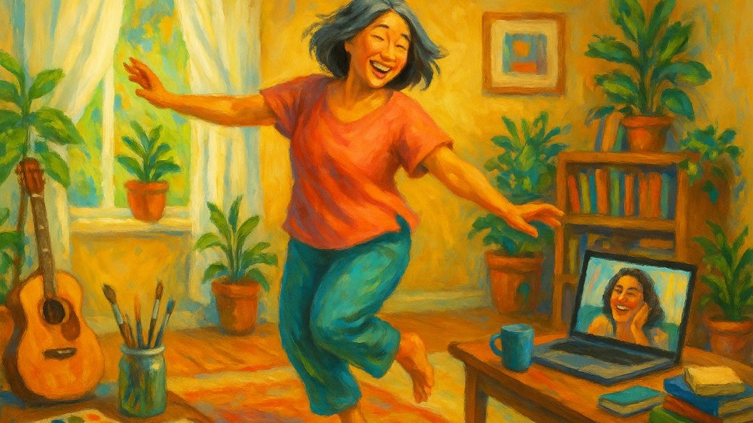 Woman dancing joyfully in creative home space after breaking free from grindset.