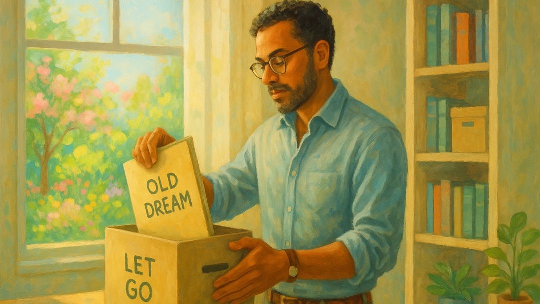 Man letting go of old dreams reflecting on what to keep from grindset mentality.