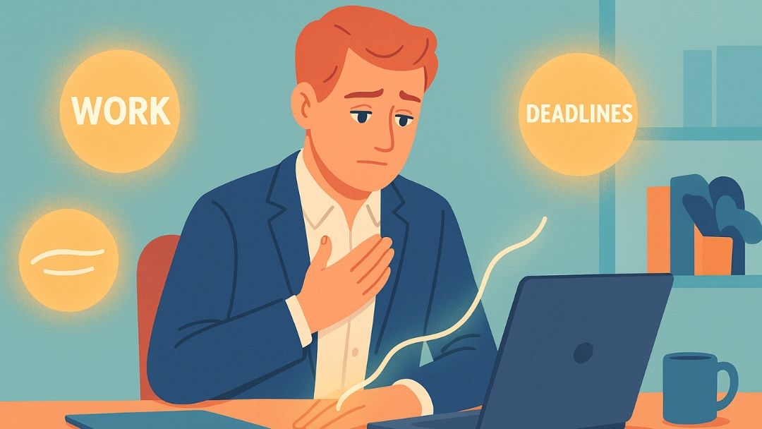 Stressed professional needing grounding techniques to manage work anxiety and deadline pressure.