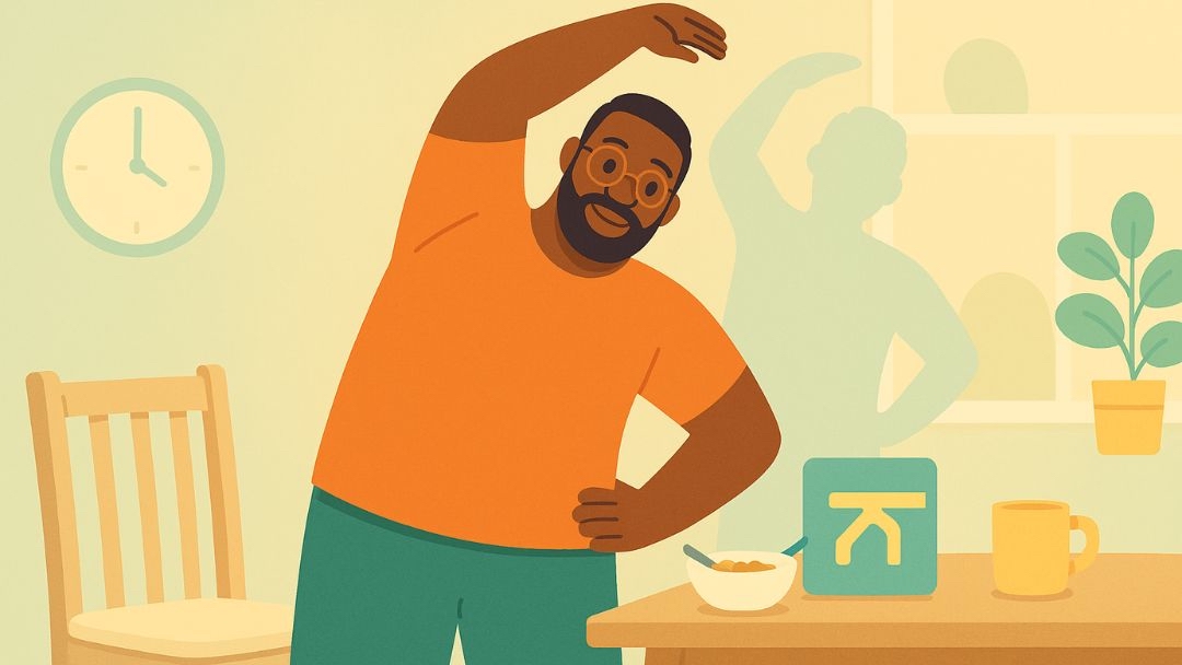 Man stretching after breakfast demonstrating habit stacking with established daily routine.