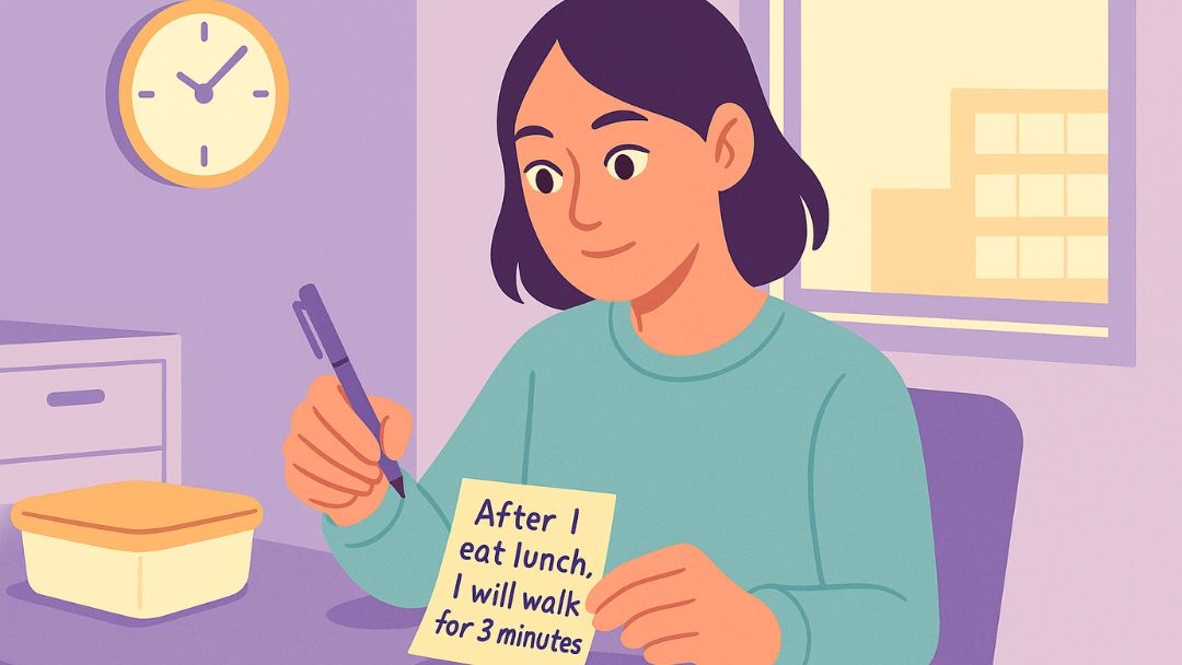Woman writing habit stacking formula linking lunch to a 3-minute walk on sticky note.