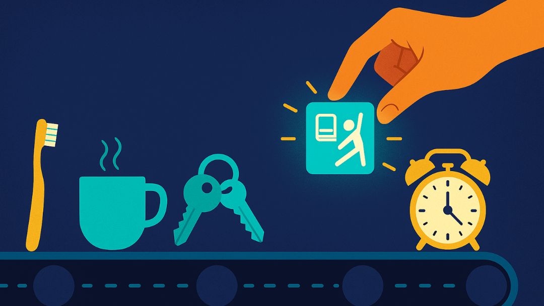 Hand selecting tiny habits like exercise from morning routine items for effective habit stacking.