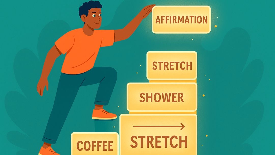Person climbing habit stacking blocks showing morning routine sequence from coffee to affirmation.
