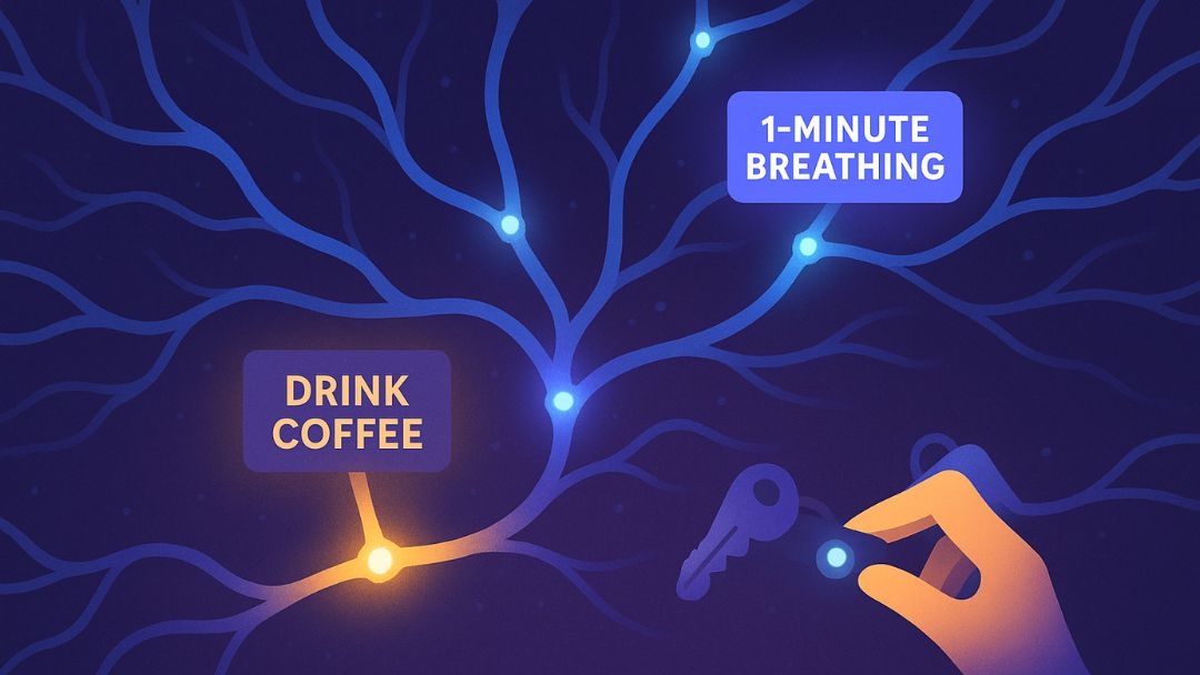 Neural pathways illustration showing habit stacking connections between drinking coffee and breathing exercise.