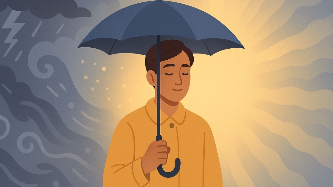 Person with umbrella demonstrating habits of happy people by accepting circumstances beyond control.