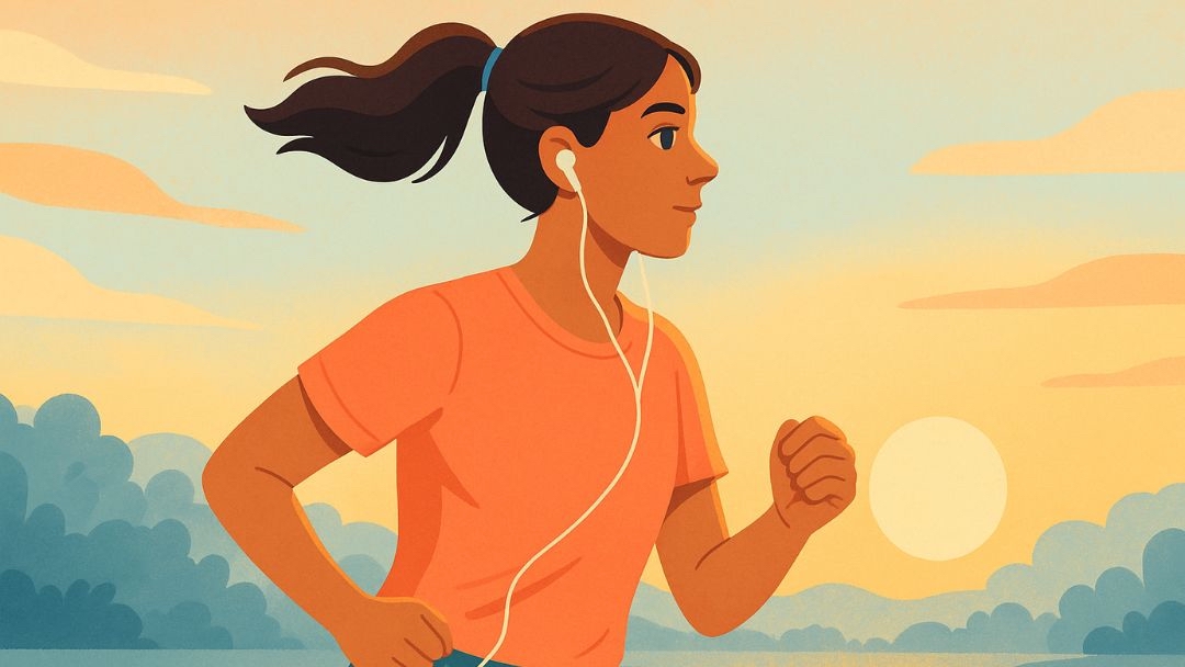 Woman jogging outdoors showing habits of happy people through regular physical exercise.