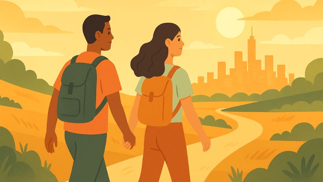 Couple walking outdoors practicing habits of happy people through nature connection and movement.