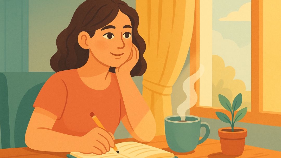 Woman journaling with morning coffee showing habits of happy people through mindful appreciation.