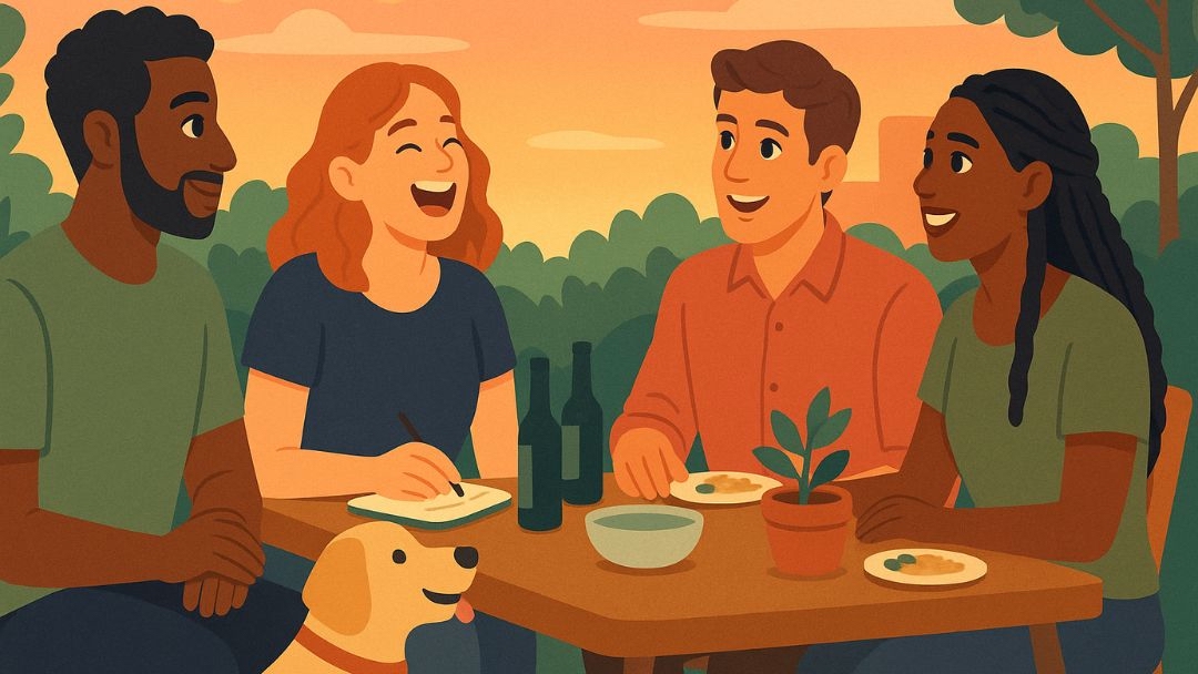 Group of happy people sharing meal outdoors demonstrating habits of happy people through social connection.