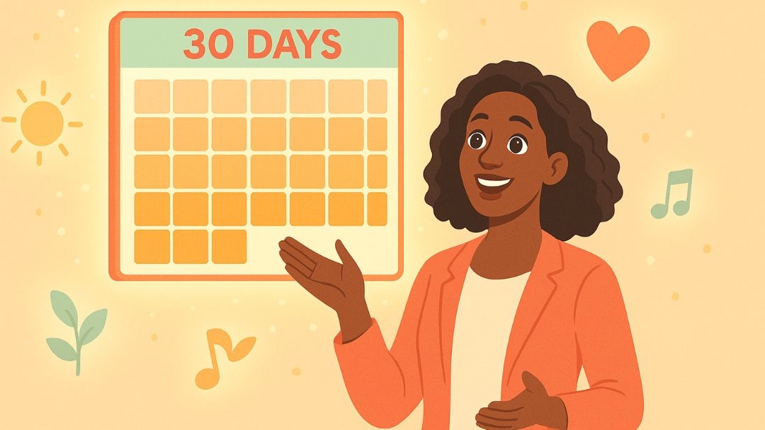 Woman presenting 30 days happiness challenge calendar with progress tracker and positive mood symbols.