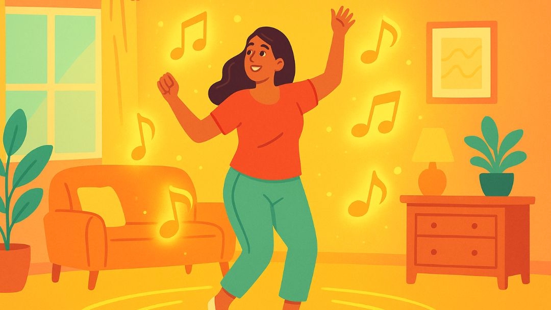 Woman dancing joyfully at home during 30 day happiness challenge activity.