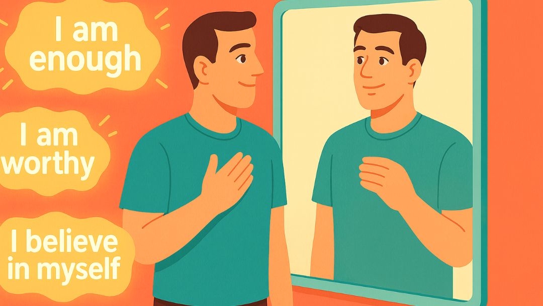 Man practicing positive affirmations in mirror during 30 day happiness challenge gratitude exercise.