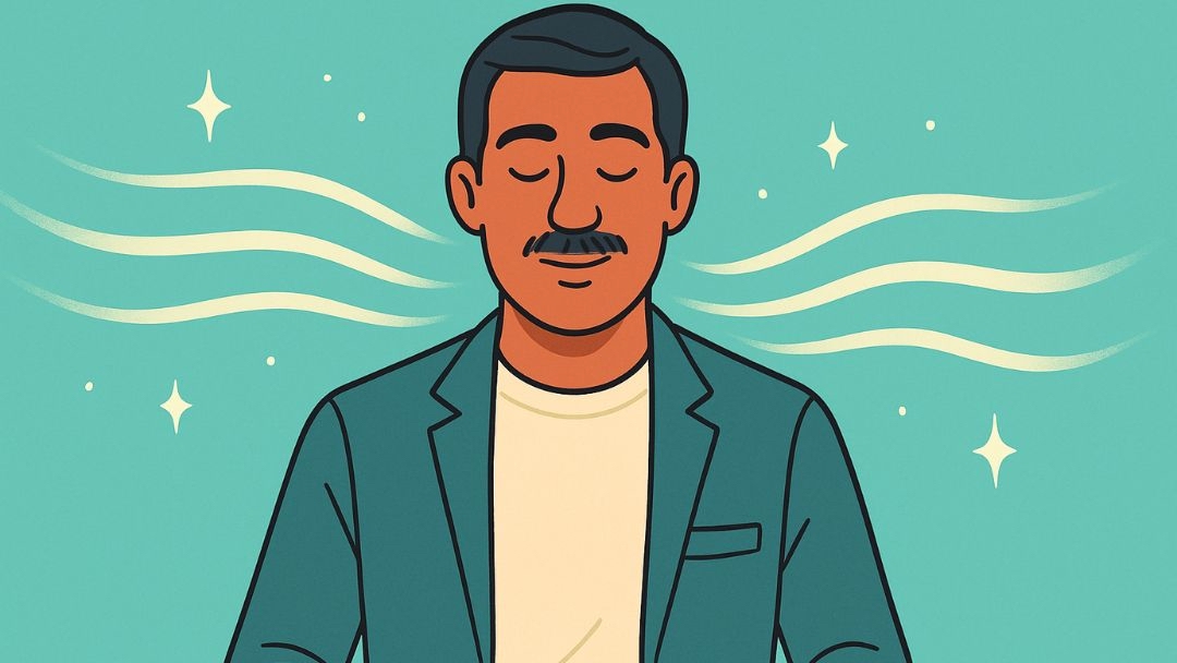 Man practicing deep breathing techniques for relaxation in 30 days happiness challenge.