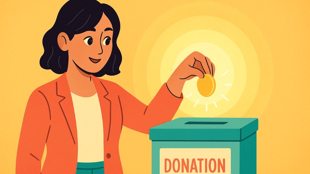 Woman donating to charity as part of 30 days happiness challenge helping activity.