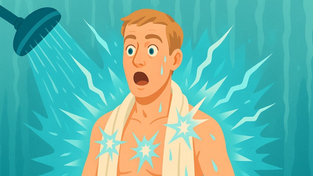 Man taking cold shower as part of 30 days happiness challenge wellness routine.