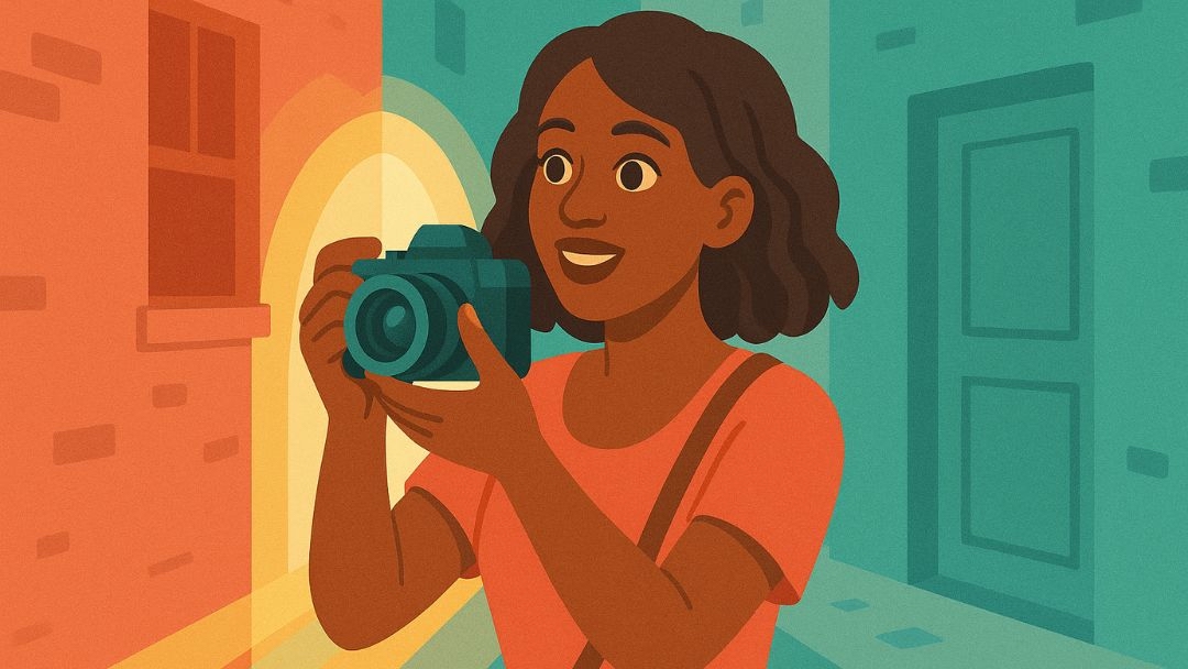 Woman taking photos during 30 day happiness challenge nostalgic memory activity.