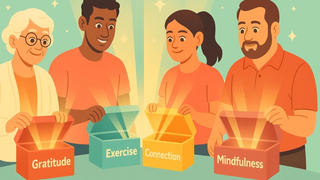 People opening boxes labeled gratitude, exercise, connection, and mindfulness in 30 days happiness challenge.
