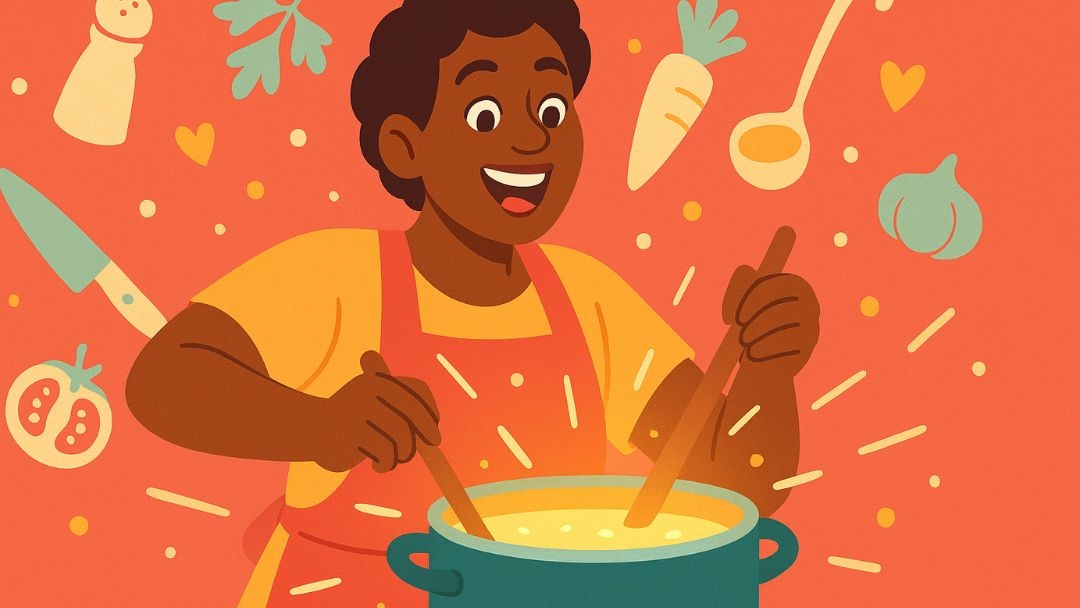 Person cooking new recipe as part of 30 days happiness challenge learning activity.