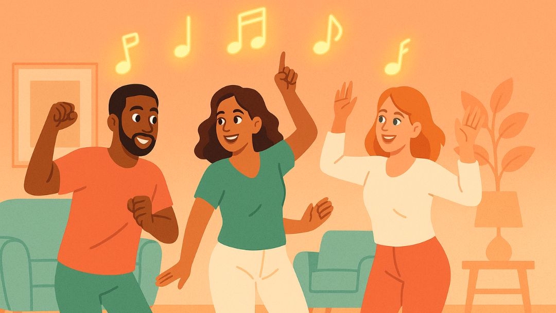 Friends dancing to uplifting music together during 30 days happiness challenge mood-boosting activity.