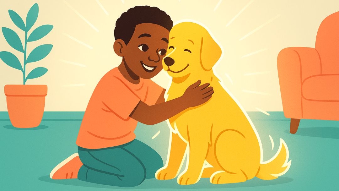 Person hugging dog during 30 day happiness challenge animal therapy activity.