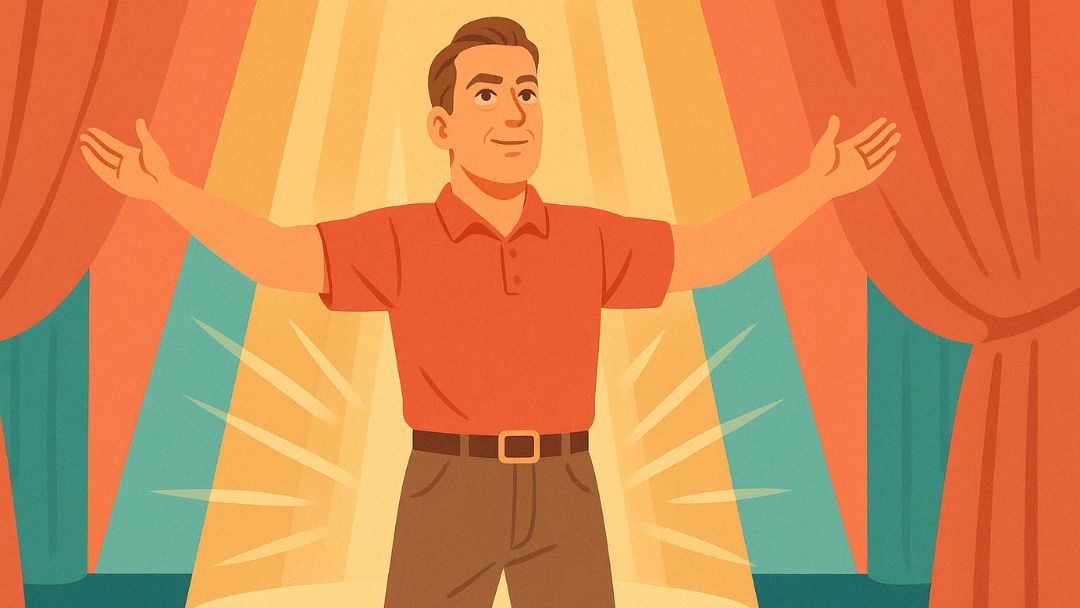 Man demonstrating expansive posture with open arms in 30 days happiness challenge confidence exercise.