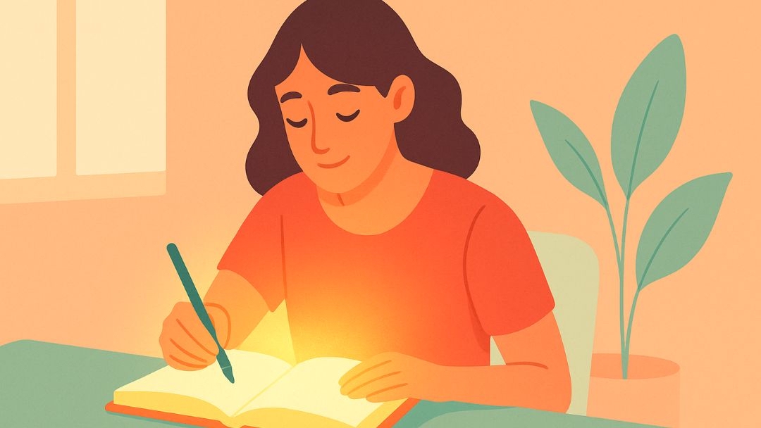 Woman journaling and reflecting on progress in 30 days happiness challenge final day.