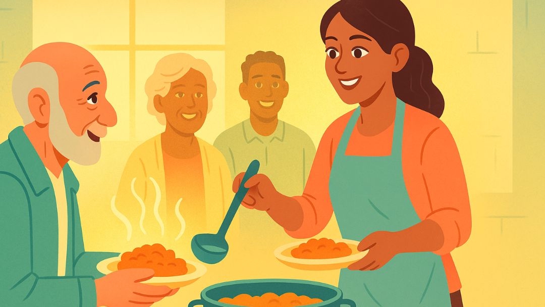 Woman volunteering to serve meals as part of 30 days happiness challenge community service.